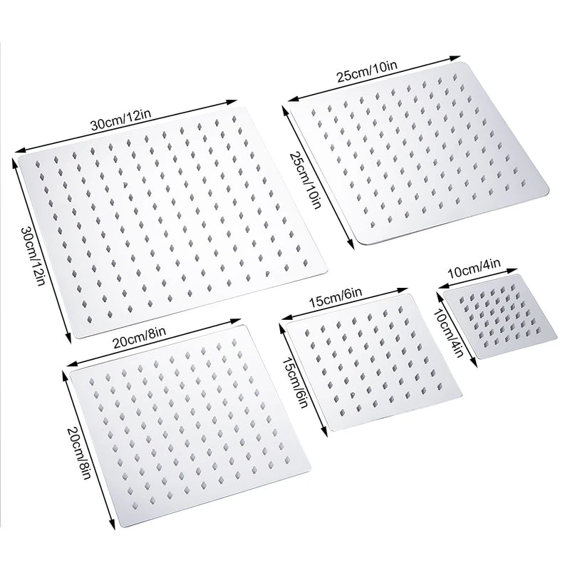 Pommeau de Douche Pluie Carré Inox Ultra-Mince, 15, 20, 25 ou 30 cm