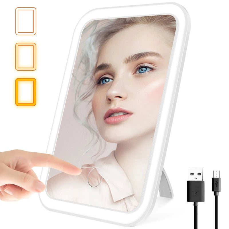 Miroir de Maquillage LED Pliant Rechargeable USB, 3 Teintes de Lumière