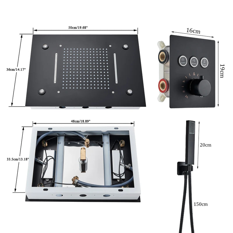 Douche Encastrable LED Plafond Cascade Noir Mat