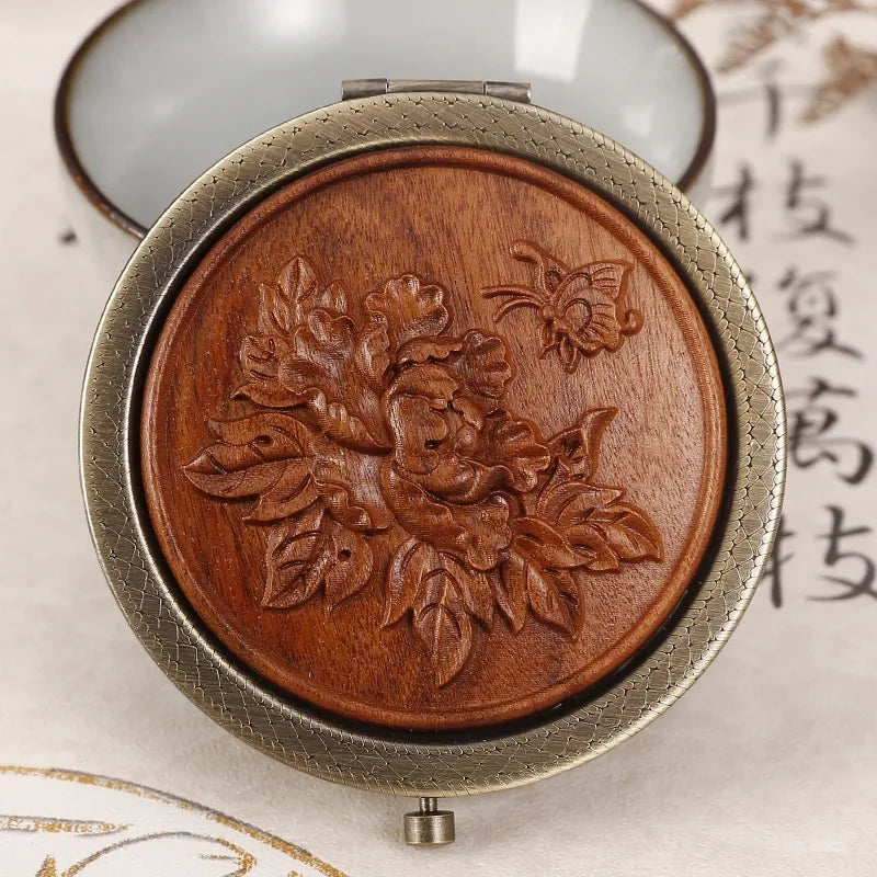 Miroir de Poche Rond en Bois Sculpté, Style Vintage, 5 Motifs