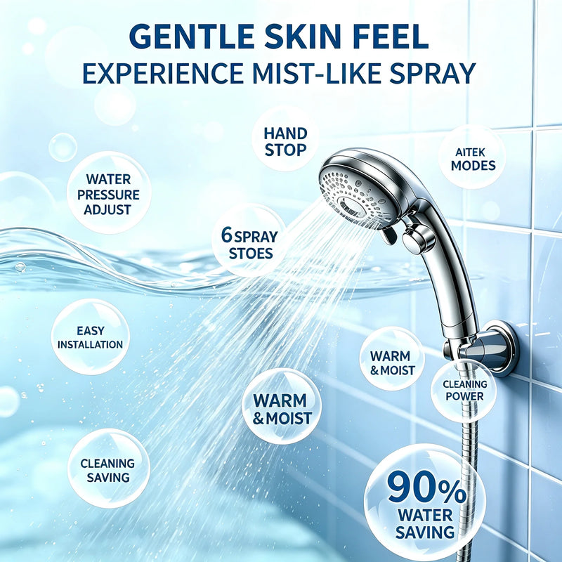 Pommeau de Douche à Main 6 Jets avec Bouton Stop, Chromé