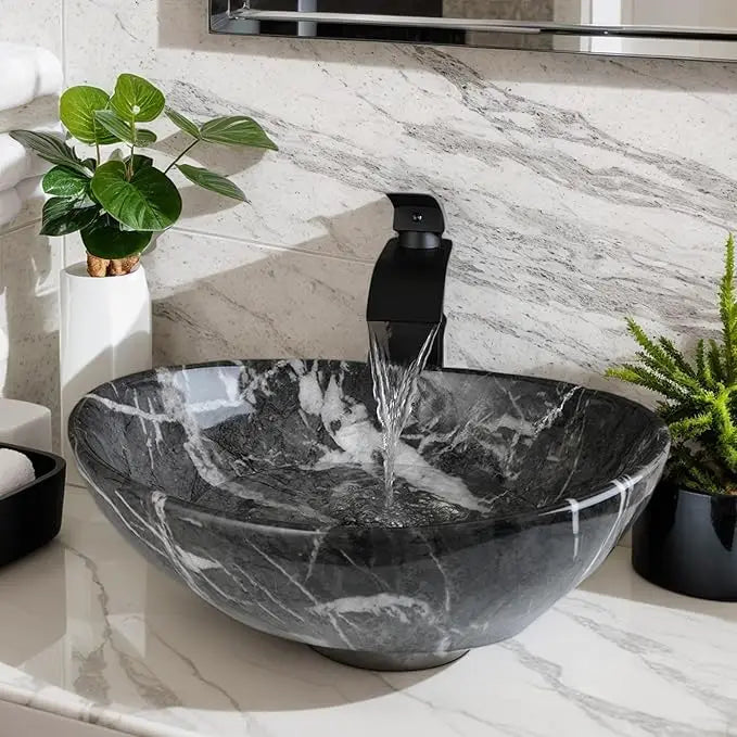 Vasque à Poser Ovale en Céramique avec Robinet et Bonde, 9 Décors