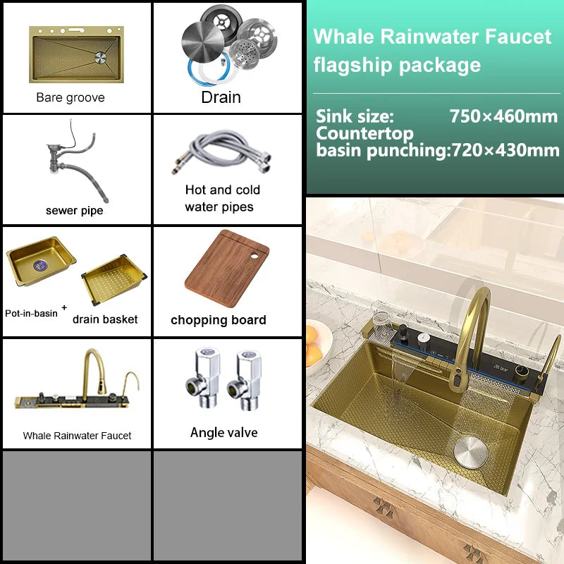 Évier de Cuisine Inox 1 Bac avec Robinet Cascade, 68 à 88 cm