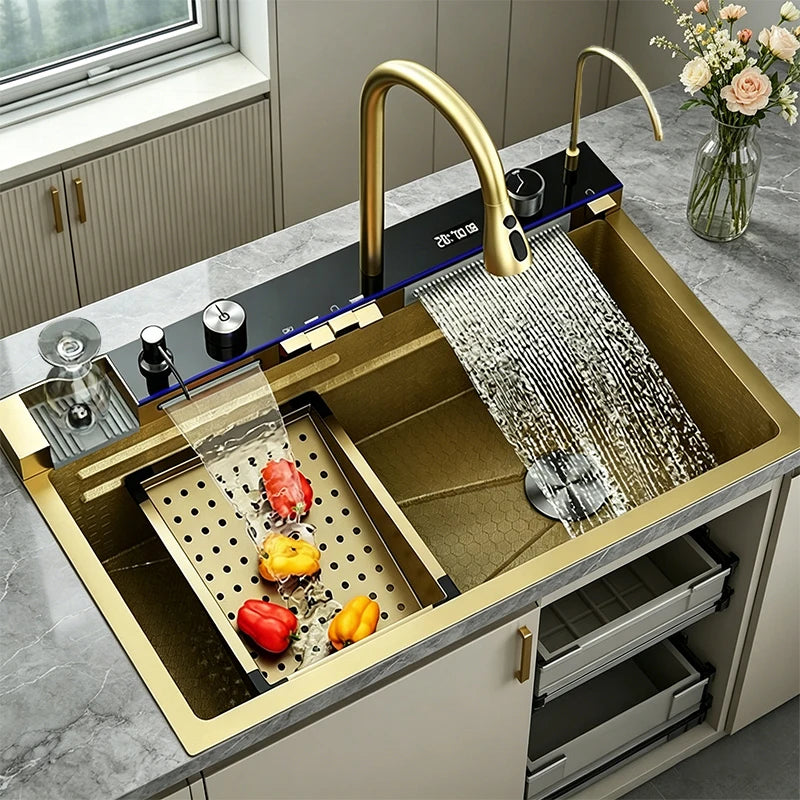 Évier de Cuisine Inox 304 Multifonction, Robinet Cascade, 68 à 100 cm