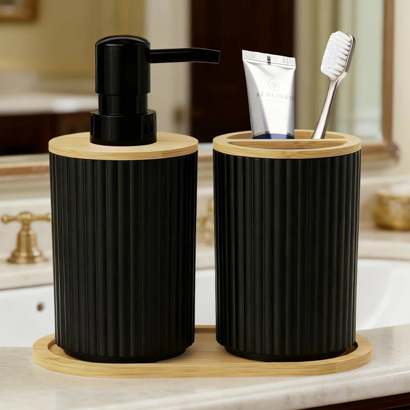 Set Accessoires Salle de Bain Noir ou Blanc, 3 Pièces et Plateau