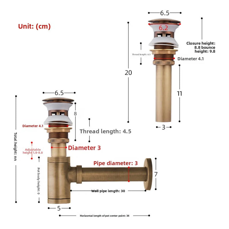 Siphon Lavabo Rond Laiton 1 1/4, Kit avec ou sans Bonde