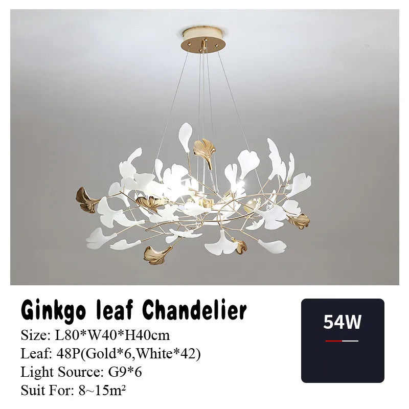 Suspension Cuisine Feuilles de Ginkgo Doré et Blanc, 60 à 150 cm