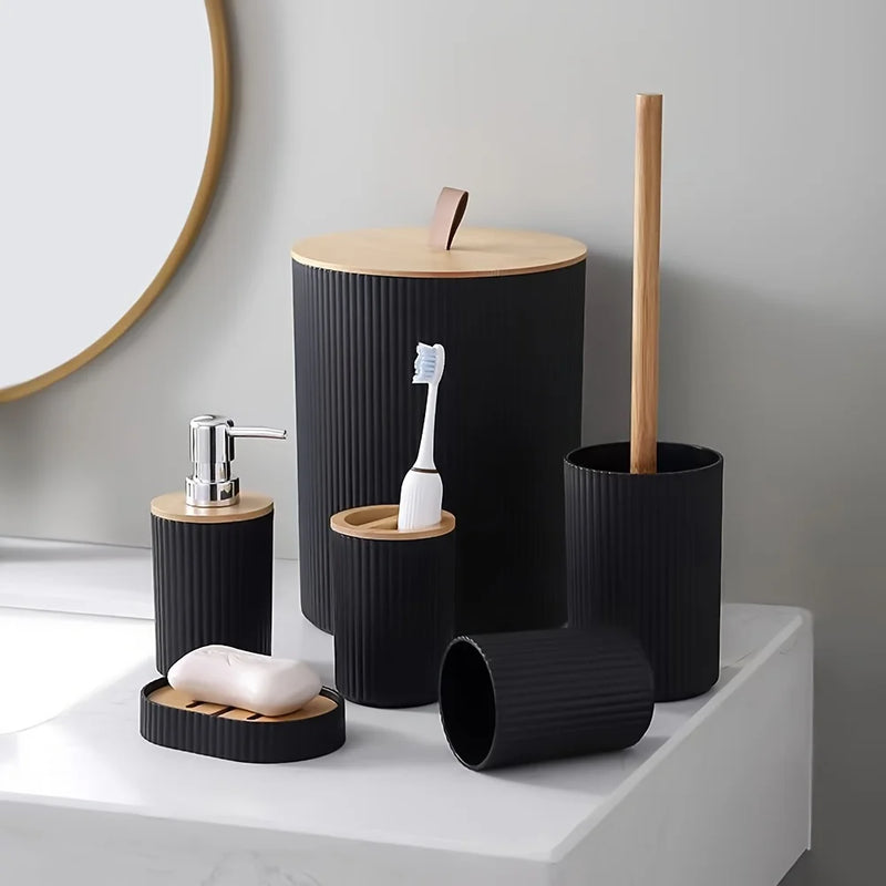 Set Accessoires Salle de Bain Plastique Noir, Blanc ou Bleu, 4 ou 6 Pièces