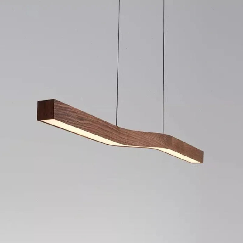 Suspension Cuisine Linéaire LED Bois de Noyer Ondulée, 90 à 150 cm