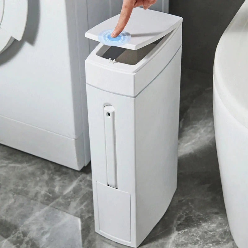 Poubelle Salle de Bain Étroite 4,5 L avec Brosse WC Intégrée, Blanche