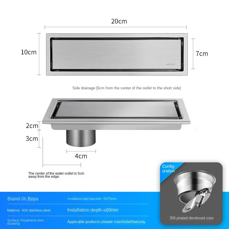 Caniveau de Douche Rectangulaire Inox 304 Anti-Odeur, 20 à 60 cm