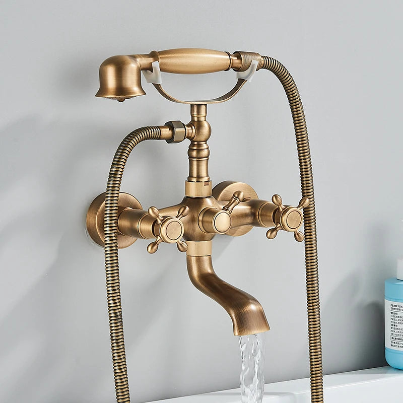 Robinet Baignoire Douche Rétro à Double Poignée, avec Douchette