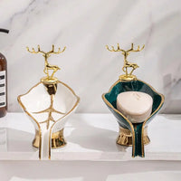 Porte-Savon Céramique en Forme de Feuille avec Cerf Doré, Blanc ou Vert