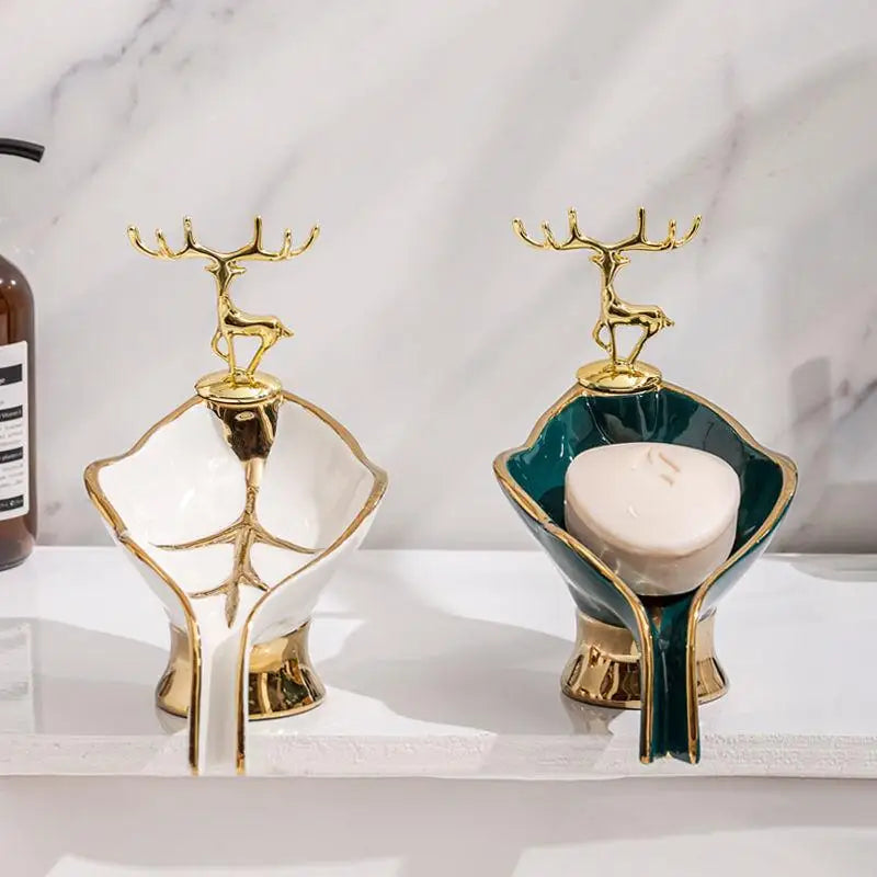 Porte-Savon Céramique en Forme de Feuille avec Cerf Doré, Blanc ou Vert