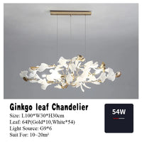 Suspension Cuisine Feuilles de Ginkgo Doré et Blanc, 60 à 150 cm