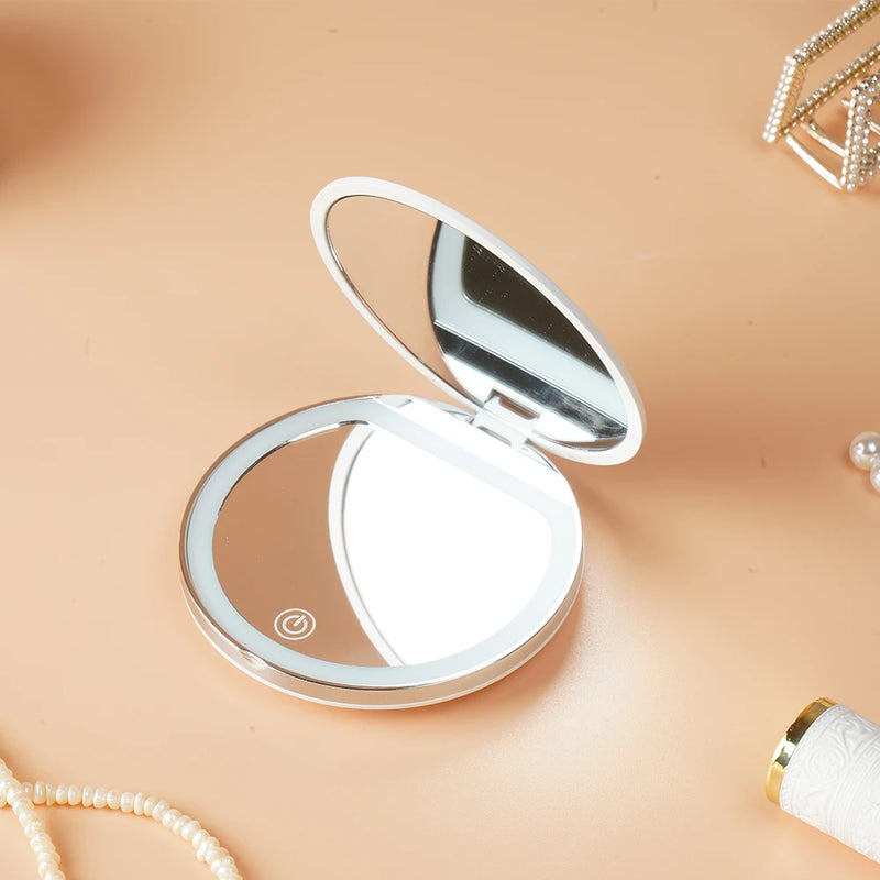 Miroir de Poche LED Rond Rechargeable 1x/3x, Rose ou Blanc