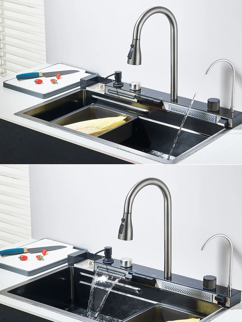 Évier de Cuisine Cascade Inox 304 avec Robinets, Lave-Verre et Afficheur