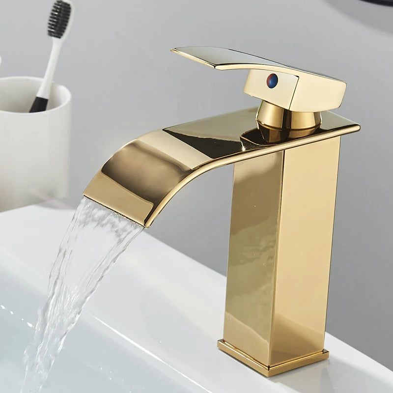Mitigeur Lavabo Cascade Doré Compact en Inox