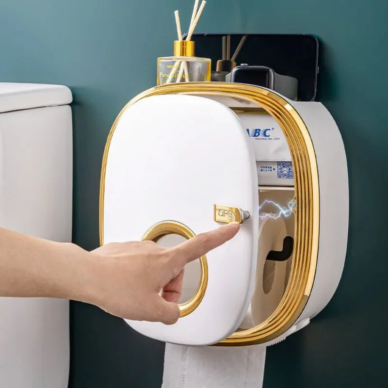Porte-Papier Toilette Mural avec Tablette et Couvercle Sans Perçage