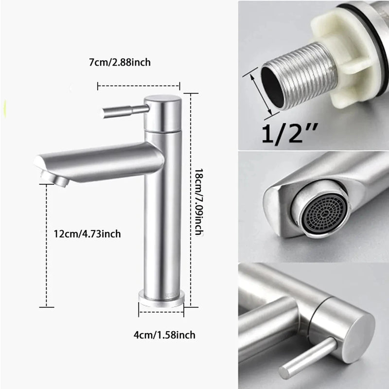 Robinet Lave-Main Eau Froide Inox 304 Noir ou Brossé, 18 cm