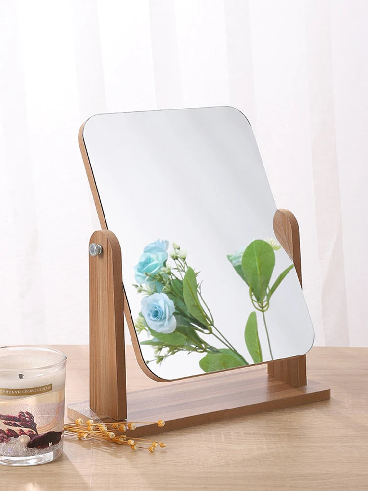 Miroir de Table Rotatif 360° en Bois, Rectangulaire 12,7 x 17,7 cm