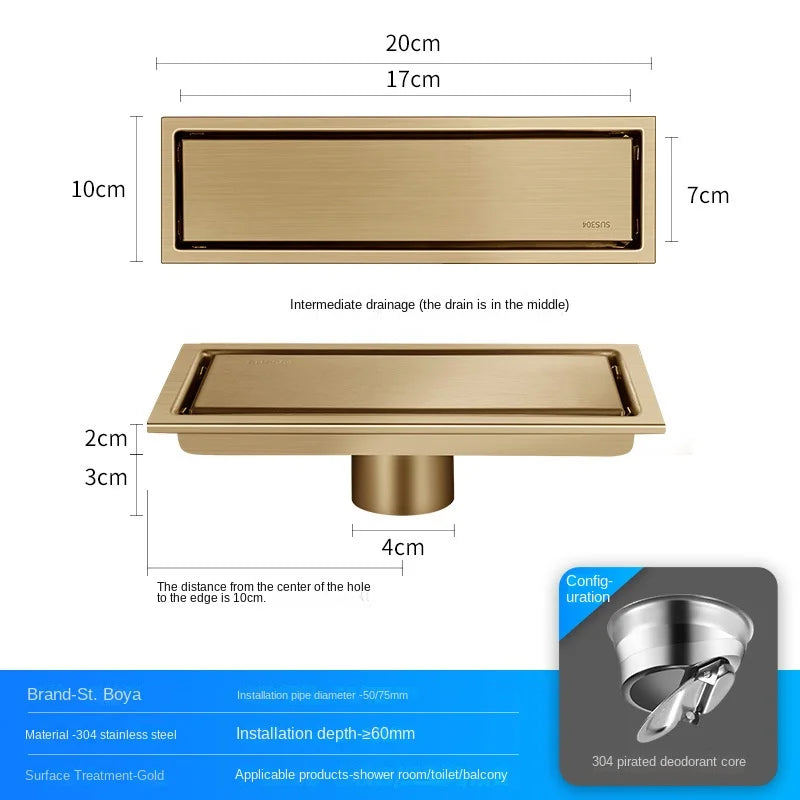 Caniveau de Douche Inox 304 Noir, Doré, Brossé, 20 à 60 cm
