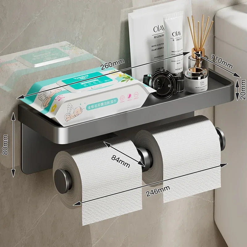Porte-Papier Toilette avec Tablette Aluminium Noir ou Gris, 1 ou 2 Rouleaux