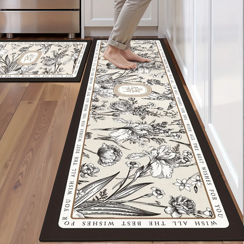 Tapis de Cuisine Vintage à Motif Floral Antidérapant, Lot de 2 ou à la Pièce