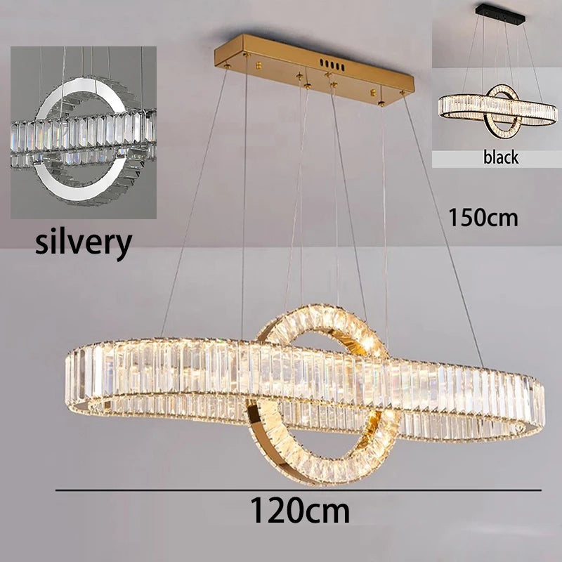Suspension Cuisine LED Cristal Linéaire à Anneau, 90 à 150 cm