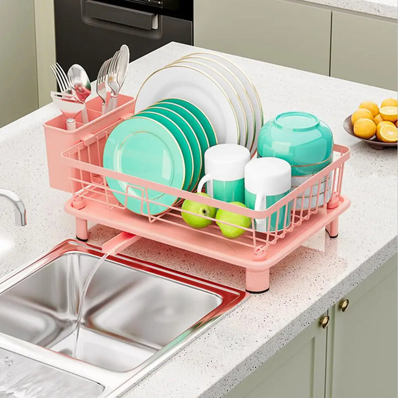 Égouttoir à Vaisselle Rose avec Porte-Couverts et Bec d'Écoulement