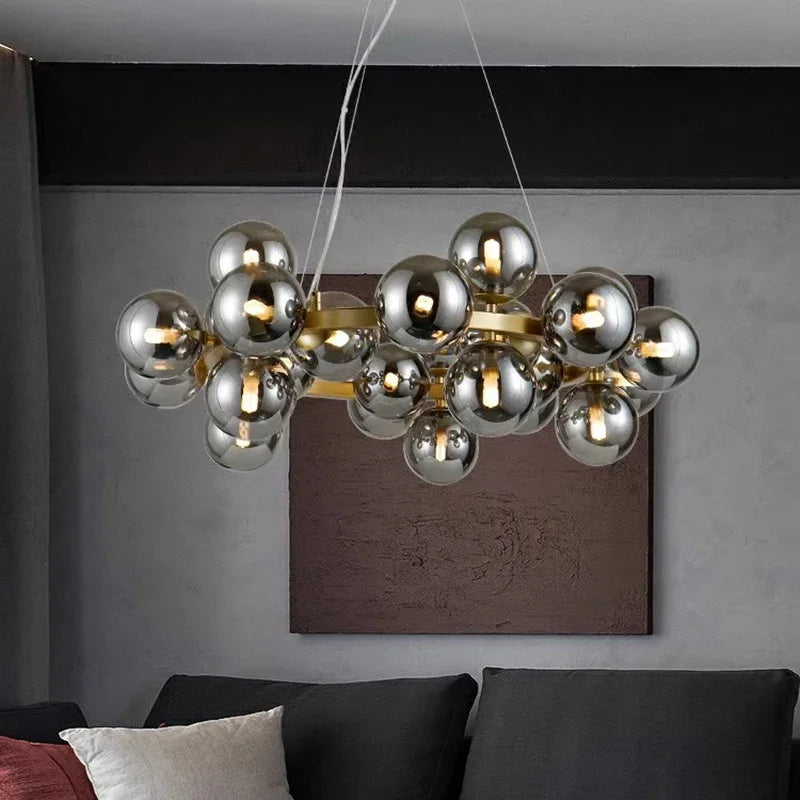 Lustre Suspension Cuisine Bulles de Verre, Cercle Doré, 15 à 25 Globes