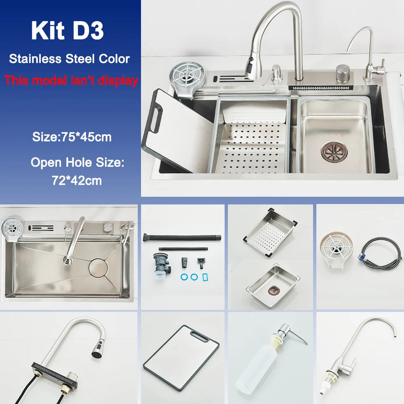 Évier Cuisine Inox 1 Bac Multifonction avec Robinet, 60 à 75 cm