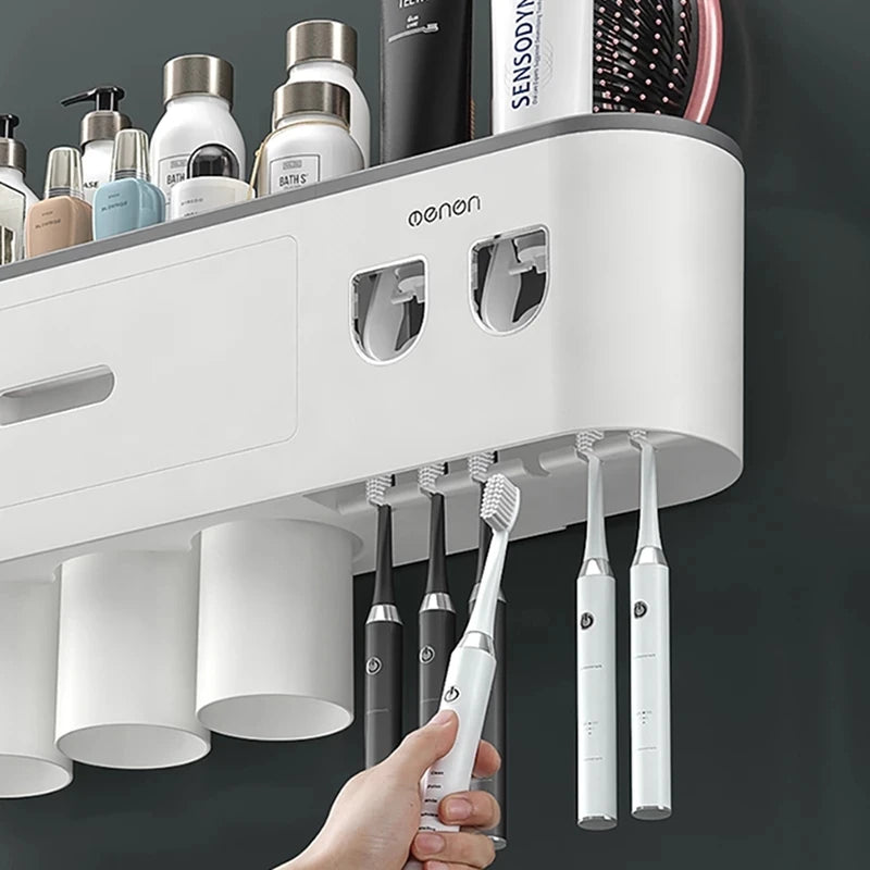 Porte-Brosse à Dents Magnétique avec Presse-Dentifrice et Étagère Murale