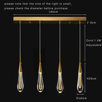 Suspension Cuisine Goutte d'Eau Cristal Doré LED, 1 à 10 Gouttes