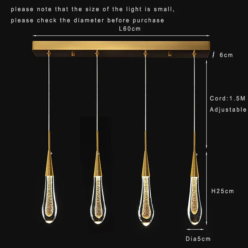 Suspension Cuisine Goutte d'Eau Cristal Doré LED, 1 à 10 Gouttes