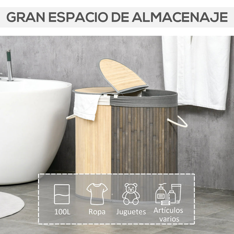 Panier à Linge Bambou 2 Compartiments avec Couvercles, 100 L, Gris et Bois