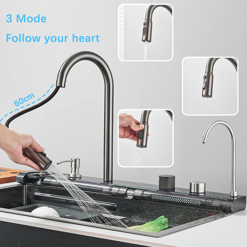 Évier Cuisine Inox Noir 1 Bac Cascade Rince-Verre, 60 ou 75 cm
