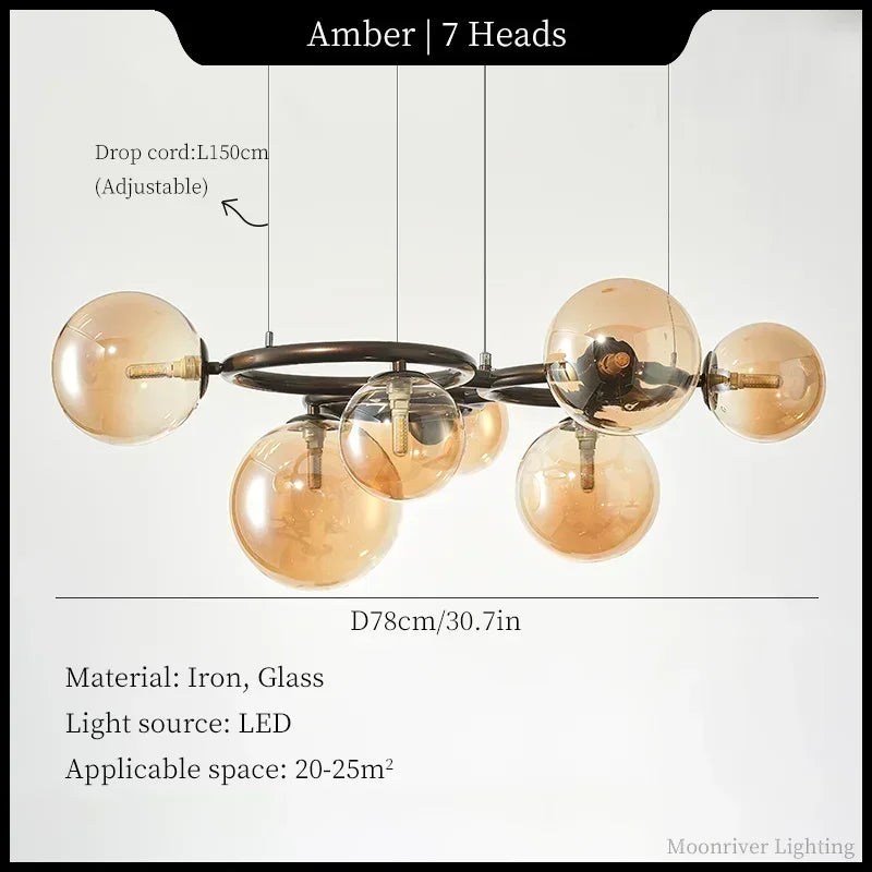Suspension Cuisine Globes Verre sur Anneaux, 5, 7 ou 9 Têtes
