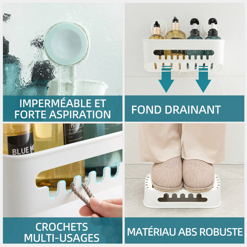 Étagère de Douche à Ventouses Sans Perçage, Panier Blanc 27 cm