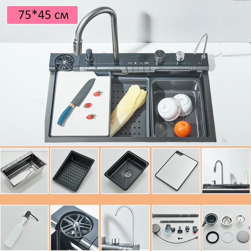Évier de Cuisine Inox Multifonction 1 Bac 75 cm