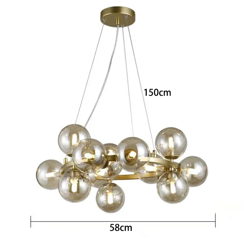 Lustre Suspension Cuisine Bulles de Verre, Cercle Doré, 15 à 25 Globes