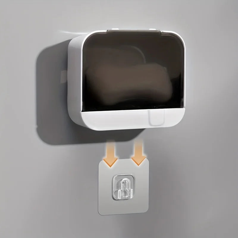 Porte-Savon Mural Sans Perçage à Couvercle Rabattable et Vidange, Blanc