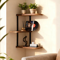 Étagère d'Angle Murale 3 Niveaux Bois et Métal Noir, 44 cm