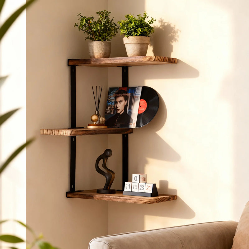Étagère d'Angle Murale 3 Niveaux Bois et Métal Noir, 44 cm