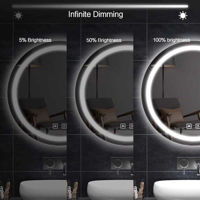 Miroir LED Salle de Bain Rond Anti-Buée avec Horloge