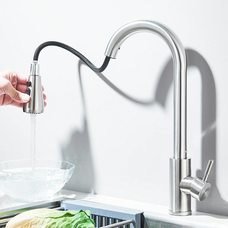 Mitigeur Cuisine Extractible Inox 304 Col de Cygne, 2 ou 3 Jets