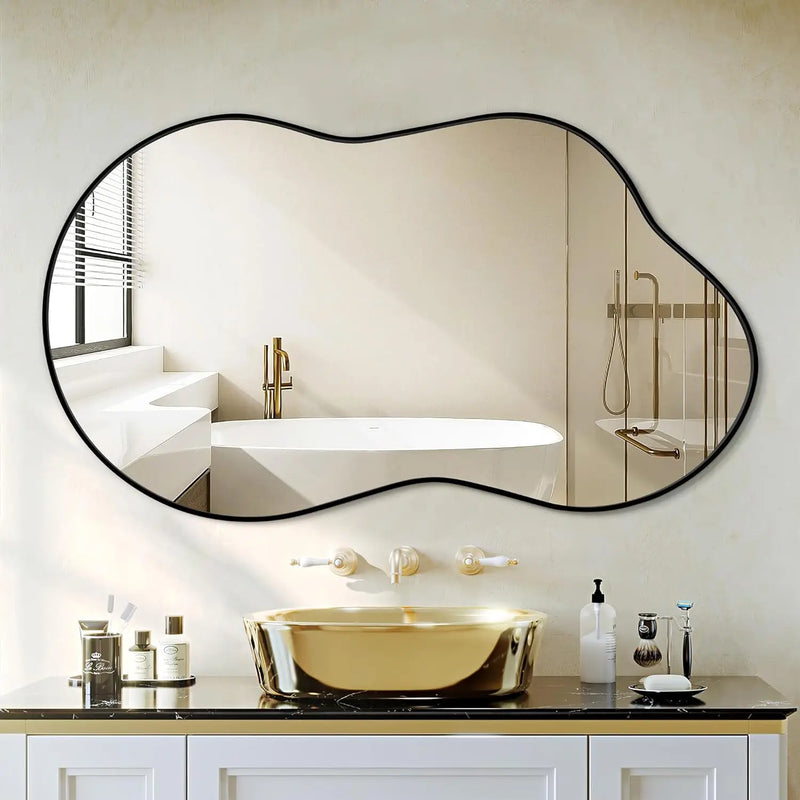 Miroir Mural Organique Cadre Métal Noir ou Doré 116 x 66 cm