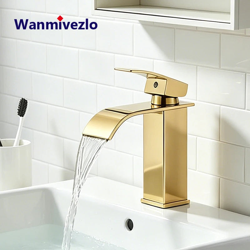 Mitigeur Lavabo Cascade Doré Compact en Inox