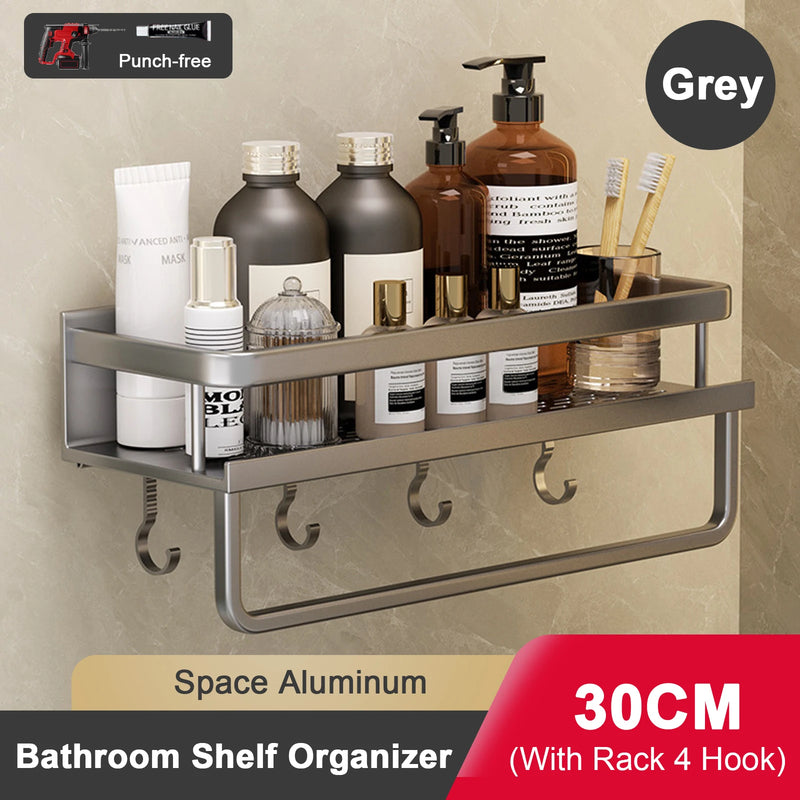 Étagère Salle de Bain Aluminium Sans Perçage Noir ou Gris avec Crochets, 30 à 50 cm