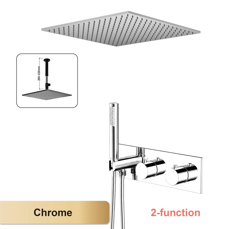 Douche Encastrable Thermostatique Pomme de Pluie Carrée, Plafond ou Mural, 4 Finitions
